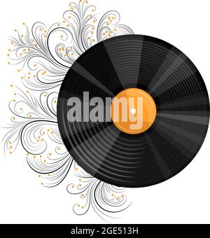 Immagine vettoriale di un disco musicale con un motivo o un'incisione in uno stile realistico con elementi cartoni animati. EPS 10. Isolato su sfondo bianco Illustrazione Vettoriale