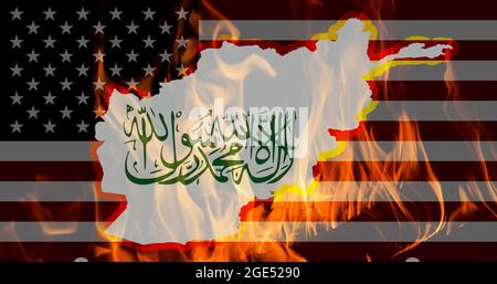 Una mappa generale delle insegne dell'Afghanistan e dei talebani sul fuoco sullo sfondo della bandiera degli Stati Uniti d'America. Il concetto del prob Foto Stock
