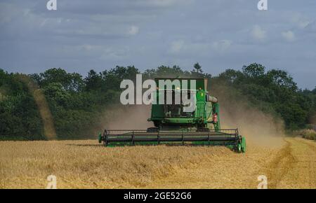 Una mietitrebbia John Deere Hillmaster T670 in azione per la raccolta del grano Foto Stock