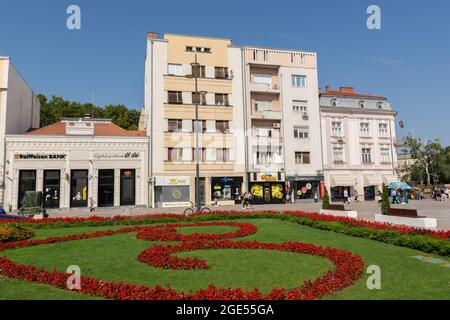 NIS, Serbia - 14 agosto 2021 Parco con fiori rossi e vecchie case nel centro della città di NIS in una giornata estiva di sole Foto Stock