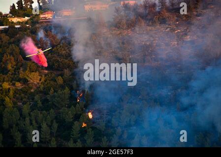 GIV’at Ye’Arim/Shoresh. Gerusalemme Ovest, 16 agosto 2021. Forze antincendio che lottano per estinguere un massiccio fuoco selvatico il secondo giorno di ustioni, le pendici occidentali dei monti Jerusalem. Villaggio di GIV’at Ye’Arim / Shoresh. Gerusalemme Ovest, 16 agosto 2021. (Foto di Matan Golan/Alamy Live News) Credit: Matan Golan/Alamy Live News Foto Stock