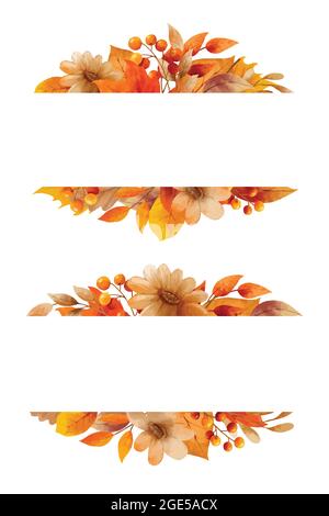 Fiore e foglie d'autunno stile acquerello. Guaine e bordo del telaio. Illustrazione Vettoriale