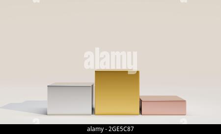 Podio in oro, argento e bronzo. Illustrazione del rendering 3D. Foto Stock