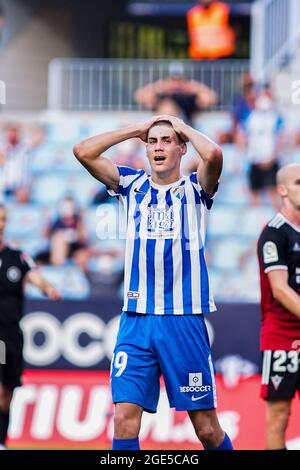 Malaga, Spagna. 16 agosto 2021. Roberto Fernandez di Malaga CF reagisce durante la partita di calcio la Liga Smartbank 2021/2022 tra Malaga CF e CD Mirandes allo stadio la Rosaleda di Malaga. (Punteggio finale; Malaga CF 0:0 CD Mirandes) Credit: SOPA Images Limited/Alamy Live News Foto Stock