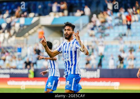 Malaga, Spagna. 16 agosto 2021. Juande Rivas di Malaga CF reagisce durante la partita di calcio la Liga Smartbank 2021/2022 tra Malaga CF e CD Mirandes allo stadio la Rosaleda di Malaga.(Punteggio finale; Malaga CF 0:0 CD Mirandes) Credit: SOPA Images Limited/Alamy Live News Foto Stock