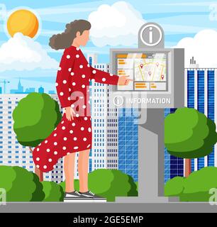 Informazioni Kiosk e Donna e paesaggio urbano Illustrazione Vettoriale