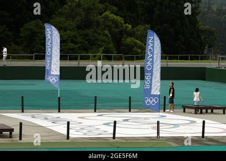 Nagano, Giappone, 2021-10-08 , base del salto con gli sci di Nagano, che ospita le olimpiadi invernali del 2018. Foto Stock