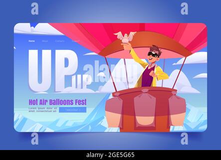 Mongolfiere sito web Fest con l'uomo nel cesto Illustrazione Vettoriale