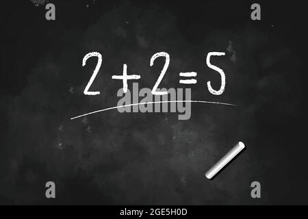 Pensare fuori dalla scatola 2+ 2=5 scritto con il gesso sulla lavagna icona disegno vettoriale del logo Illustrazione Vettoriale