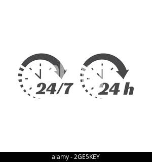 24 7 freccia circolare dell'orologio per l'icona di servizio non stop. Non stop, ventiquattro ore di supporto vettore. Ore di lavoro impostate. Illustrazione Vettoriale