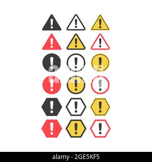 Segnale di avvertenza con punto esclamativo. Attenzione, pericolo e attenzione al set di icone vettoriali. Illustrazione Vettoriale