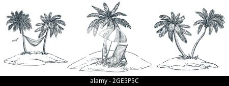 Isole tropicali con palme, amaca, ombrellone e chaise longue. Illustrazione orizzontale dello schizzo disegnato a mano dal vettore. Estate spiaggia vacanza design el Illustrazione Vettoriale