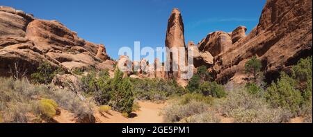 Formazioni rocciose nel Devil's Garden, Arches National Park, vicino a Moab, Utah, USA Foto Stock