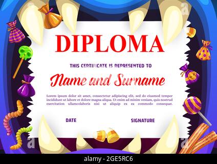 Diploma di scuola per bambini con dolci di Halloween. Premio per l'educazione dei bambini, diploma o certificato di laurea. Dente mostro cartoon Illustrazione Vettoriale