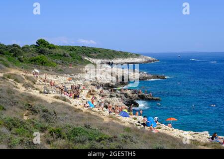 Baia balneare sulla costa, Parco naturale di Capo Kamenjak, Rt Kamenjak o Donji Kamenjak, Istria, Croazia Foto Stock