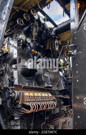 Cabina di locomotiva a vapore, ferrovia a scartamento ridotto, Brockenbahn nelle montagne di Harz, Wernigerode, Contea di Harz, Sassonia-Anhalt, Germania Foto Stock