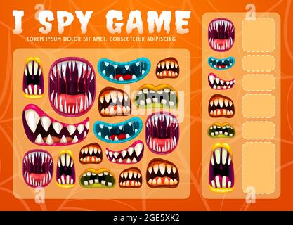 Gioco spia bambino i con mostri di Halloween teethed maws. Attività di matematica per bambini, gioco educativo o vettore di cartoni animati i bambini si esercitano con attività di conteggio. SC Illustrazione Vettoriale