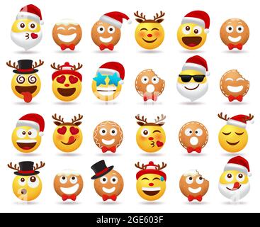 Set vettoriale di personaggi di Natale smileys. Personaggio dei cartoni animati natalizi come babbo natale, pane allo zenzero e smiley in diverse espressioni facciali. Illustrazione Vettoriale