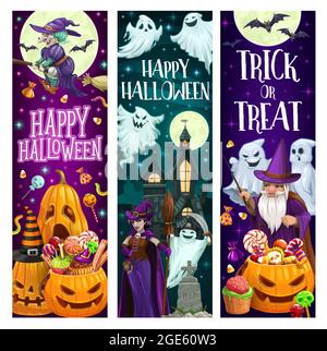 Buone bandiere vettoriali per cartoni animati di Halloween. Strega in abito viola che tiene scopa, Jack-o-lanterna zucca e fantasma spooky al castello infestato creepy su cemet Illustrazione Vettoriale