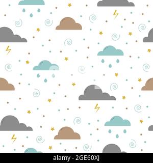 Motivo senza cuciture con nuvole, gocce di pioggia, luci Illustrazione Vettoriale