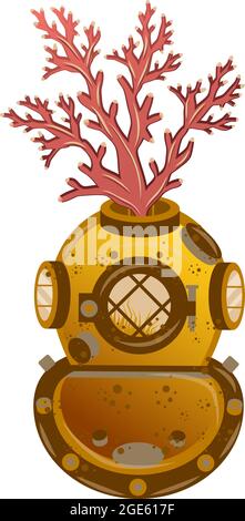Casco da immersione retrò con corallo isolato su bianco Illustrazione Vettoriale