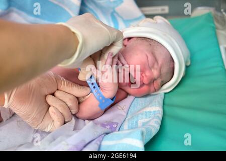 Indossare un braccialetto un neonato da un medico subito dopo il parto Foto Stock