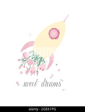 Poster per bambini disegnato a mano. Carino razzo con fiori invece di fiamme. Illustrazione Vettoriale