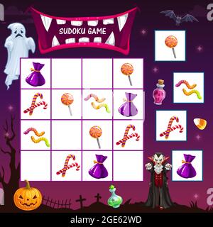 Gioco da tavolo di Halloween bambino con pozioni magiche. Gioco di corsa dei bambini, i bambini rotolano e si muovono modello di gioco da tavolo con elisir di magia vettore cartoon, mosca agarica Illustrazione Vettoriale