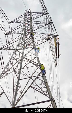 Uomini che lavorano in quota, ristrutturando i piloni elettrici, Inghilterra settentrionale, Regno Unito Foto Stock