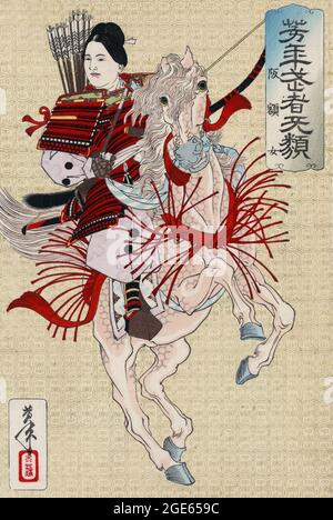 Giappone: Lady Hangaku (Hangaku Gozen). Ukiyo-e woodblock stampa di Tsukioka Yoshitoshi (1839-1892), c. 1885. Hangaku Gozen era una donna guerriera samurai, o onna-bugeisha, una delle relativamente poche donne guerrieri giapponesi comunemente conosciute nella storia o nella letteratura classica. Visse alla fine del periodo Heian e all'inizio del periodo Kamakura. Figlia di un guerriero di nome Jo Sukekuni, era sorella di Sukenaga e Sukemoto. I Jo erano guerrieri, alleati del clan Taira, nella provincia di Echigo (attuale prefettura di Niigata). Furono sconfitti nelle Guerre di Genpei, perdendo gran parte del loro potere. Foto Stock