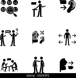 Efficace comunicazione glifo nero icone impostato su spazio bianco Illustrazione Vettoriale