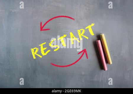 La lavagna e il testo RIAVVIANO sul pavimento in cemento Foto Stock