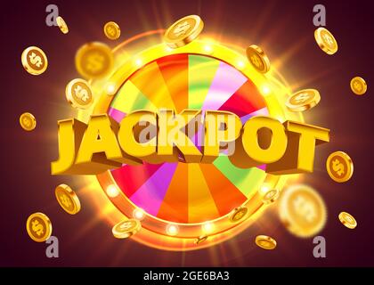 Ruota di fortuna o di fortuna con monete in caduta. Sfondo del concetto del premio del jackpot. Illustrazione vettoriale Illustrazione Vettoriale