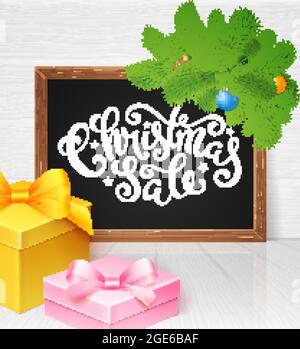 Poster di vendita di Natale con abete albero fnd scatole regalo, illustrazione vettoriale Illustrazione Vettoriale