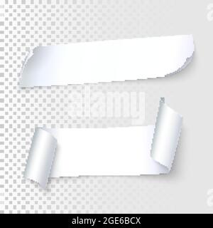 Set di carta bianca realistica con angoli e ombre arricciati, isolata su sfondo trasparente, illustrazione vettoriale Illustrazione Vettoriale