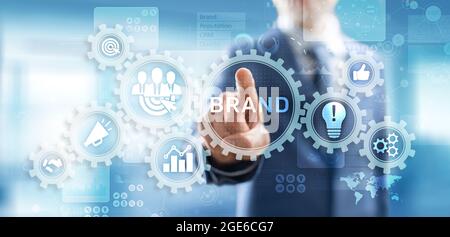 Marca nuvola di parole su schermo virtuale. Branding e Marketing e concetto di pubblicità Foto Stock