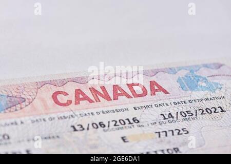 Tashkent, Uzbekistan - 13 agosto 2021: Macro shot di visto canadese. Primo piano visto di immigrazione residente in Canada in passaporto Foto Stock
