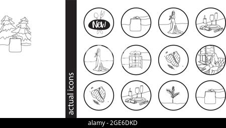 Illustrazione vettoriale di 12 icone ristorante stile linea. Set modificabile di pesci, elementi icona piatto Illustrazione Vettoriale