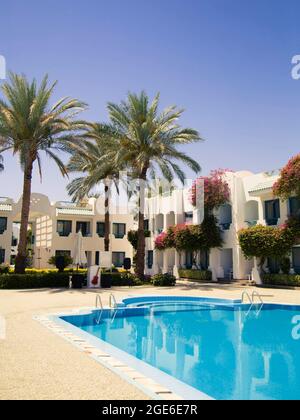 Hotel tropicale con piscina e palme. Riposo estivo presso l'hotel resort. Palme vicino alla piscina all'aperto Foto Stock