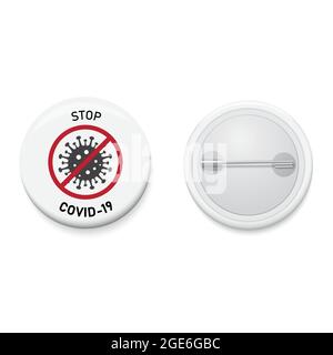 Badge con pulsante bianco con simbolo del virus Corona e arresto del testo COVID-19. Pulsante PIN realistico. Disegno vettoriale e di illustrazione. Illustrazione Vettoriale