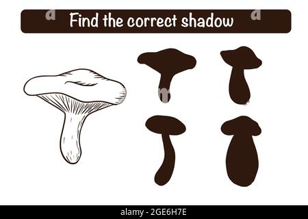 Trova il gioco educativo Russula Silhouette corretto per i bambini. Attività di abbinamento ombra per bambini con funghi commestibili. Puzzle prescolare. Foglio di lavoro didattico Illustrazione Vettoriale