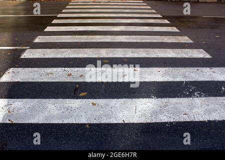 Attraversamento pedonale in città. Strisce bianche sull'asfalto. Transizione senza persone Foto Stock