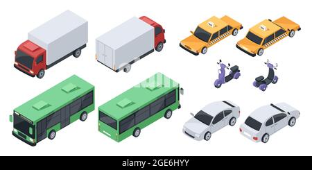 Trasporto urbano 3d isometrico, veicoli di trasporto, automobili. Vista frontale e posteriore di auto berlina, autobus pubblico, camion da carico, scooter vettore set. Taxi giallo o taxi per passeggeri, auto privata Illustrazione Vettoriale