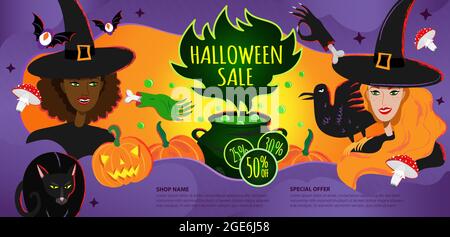 Halloween Vendita modello di banner, volantino, offerta. Promozione vendita Halloween con felici streghe sorridenti in costumi e calderone magico in stile cartoon. Illustrazione Vettoriale