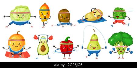 Frutta e verdura esercizio. Melone, kiwi in posa yoga, broccoli con manubri. Set vettoriale di caratteri frutta e verdura sani e forti. Stile di vita attivo e benessere, alimentazione di vitamine Illustrazione Vettoriale