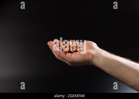 Bulbi maschi di cipolla per la semina, primo piano su sfondo nero. Foto Stock