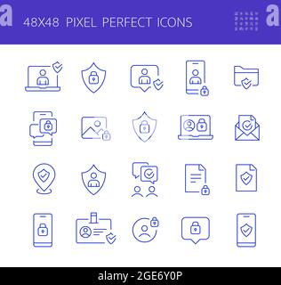 Set di icone di sicurezza informatica. Protezione dei dati personali, verifica dell'identità e altro. Tratto pixel perfetto e modificabile Illustrazione Vettoriale