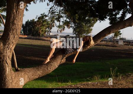 Giovane donna bionda sta proteggendo una donna albero Foto Stock