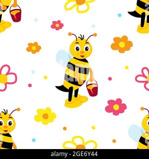 Ape intorno ai fiori con secchio di miele. Pattern vettoriale senza giunture. Illustrazione Vettoriale