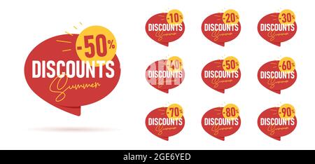 Set di sconti estivi promo tag a forma di rosso speech bubble con sole e percentuale figura su di esso, collezione isolata Illustrazione Vettoriale